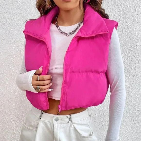 Hot Pink Casual Women's Y2k Zipper Front Vest Padded Coat - Picture 1 of 6